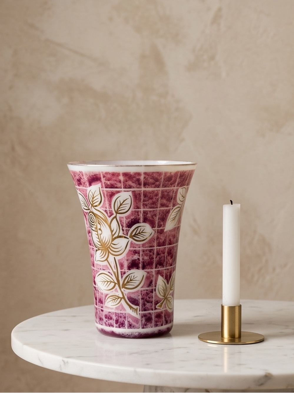 Decorative Pink Ceramic Vase with Gold Leaf Floral Motif